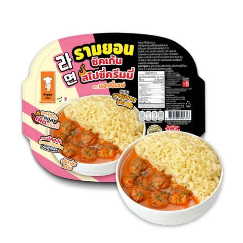 Current Happy Chef creamy spicy chicken ramyeon 210 gram package showing its Thai nutrition panel