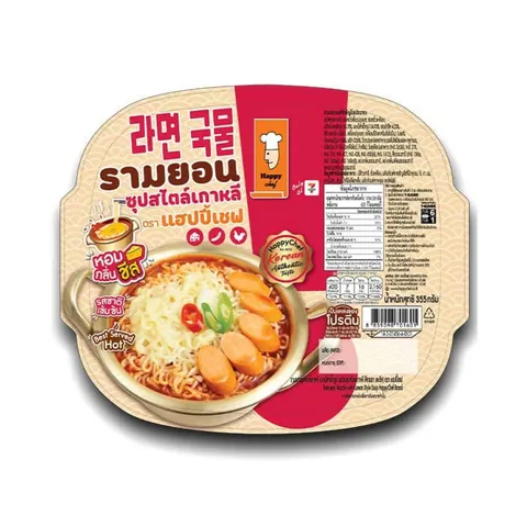 Current Happy Chef Korean soup ramyeon 355 gram package showing its Thai nutrition panel