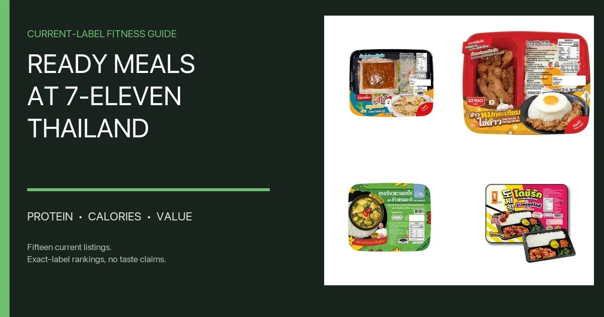 Chicken sukiyaki, garlic pork with egg, green curry chicken, and pork bulgogi ready meals beside the title Ready Meals at 7-Eleven Thailand