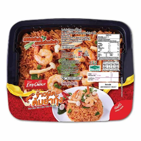 Current Ezy Choice tom yum fried rice with shrimp 205 gram package showing its Thai nutrition panel