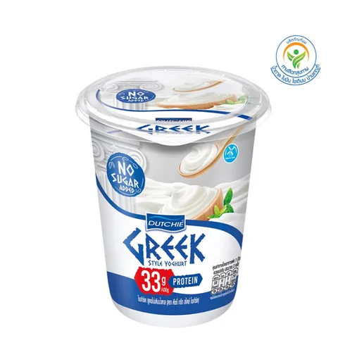 Current 430 gram Dutchie Greek Style yogurt tub with no sugar added and 33 grams protein claims
