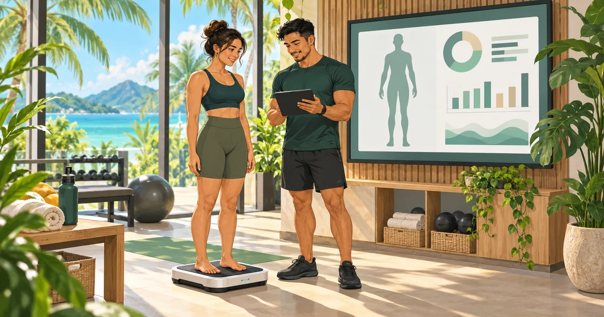 Illustration of a person on a body-analysis platform and a coach reviewing a tablet in a tropical fitness studio