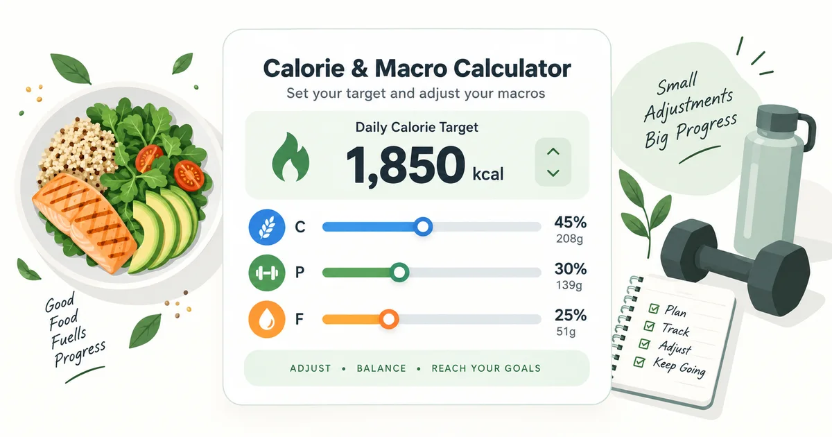 Illustrated calorie target and adjustable carbohydrate, protein and fat controls beside a balanced meal