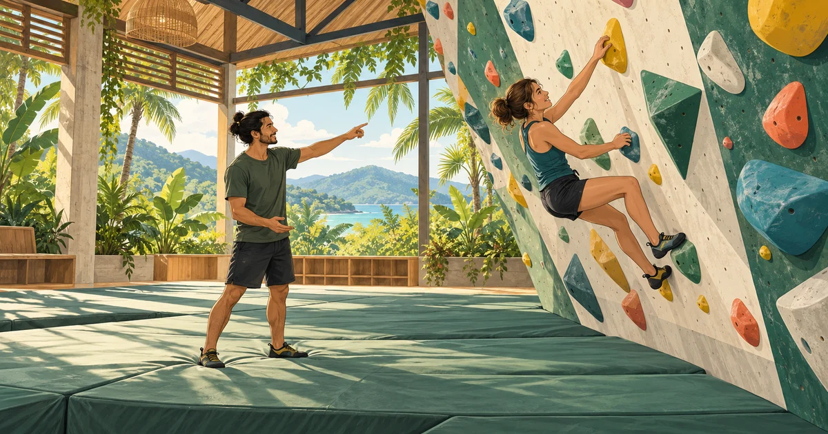 Illustration of a beginner bouldering close to the mats while a coach points out a route in a tropical gym