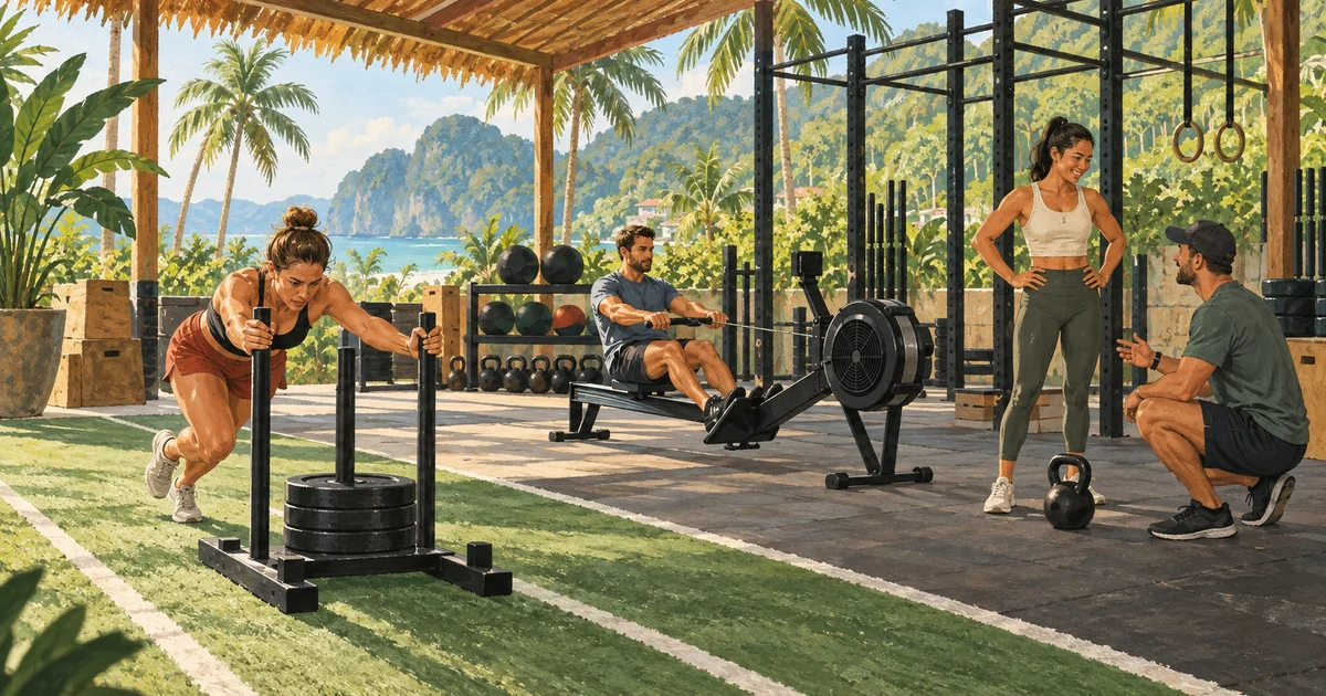 Illustration of adults using a sled and rowing machine beside a coach in an open-air tropical training gym