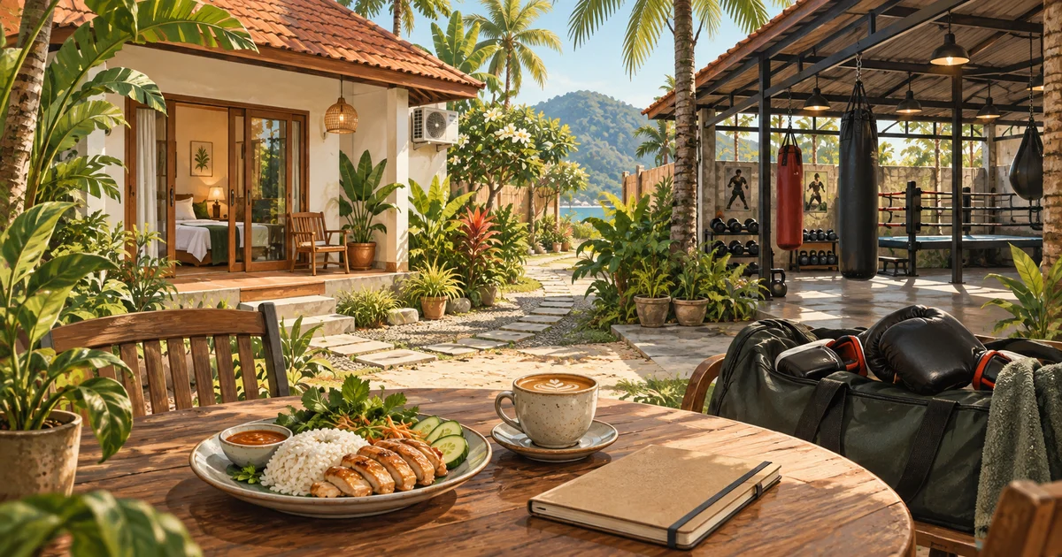 Illustration of a tropical bungalow, open-air gym and a table with a meal, coffee and training gear