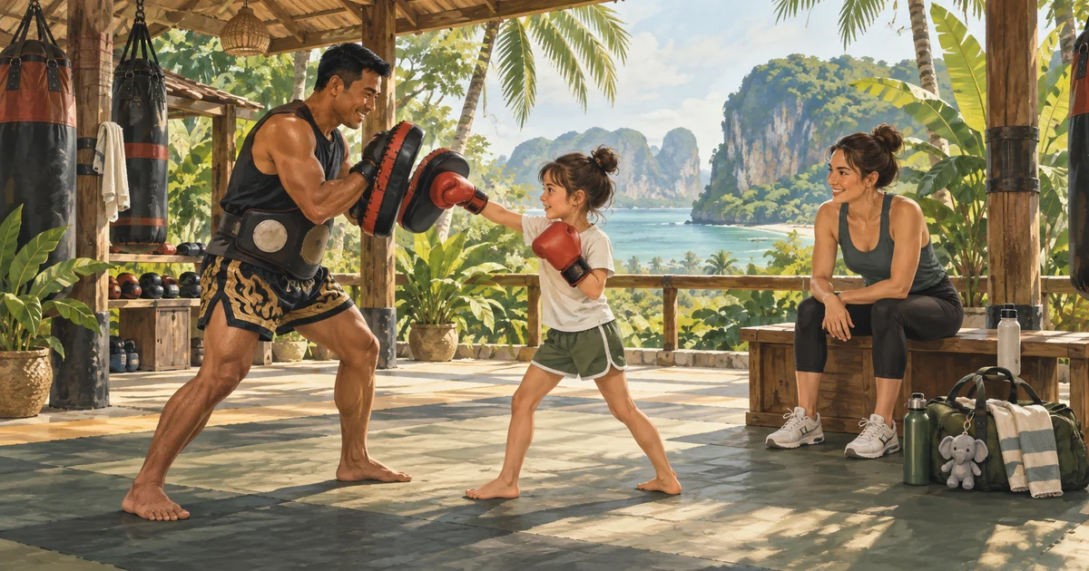 Illustration of a child practising a pad exercise with a coach while a parent watches in a tropical gym