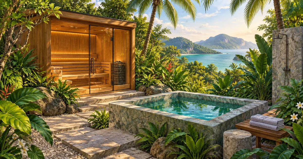 Illustration of a timber sauna and stone cold-plunge tub in a tropical garden