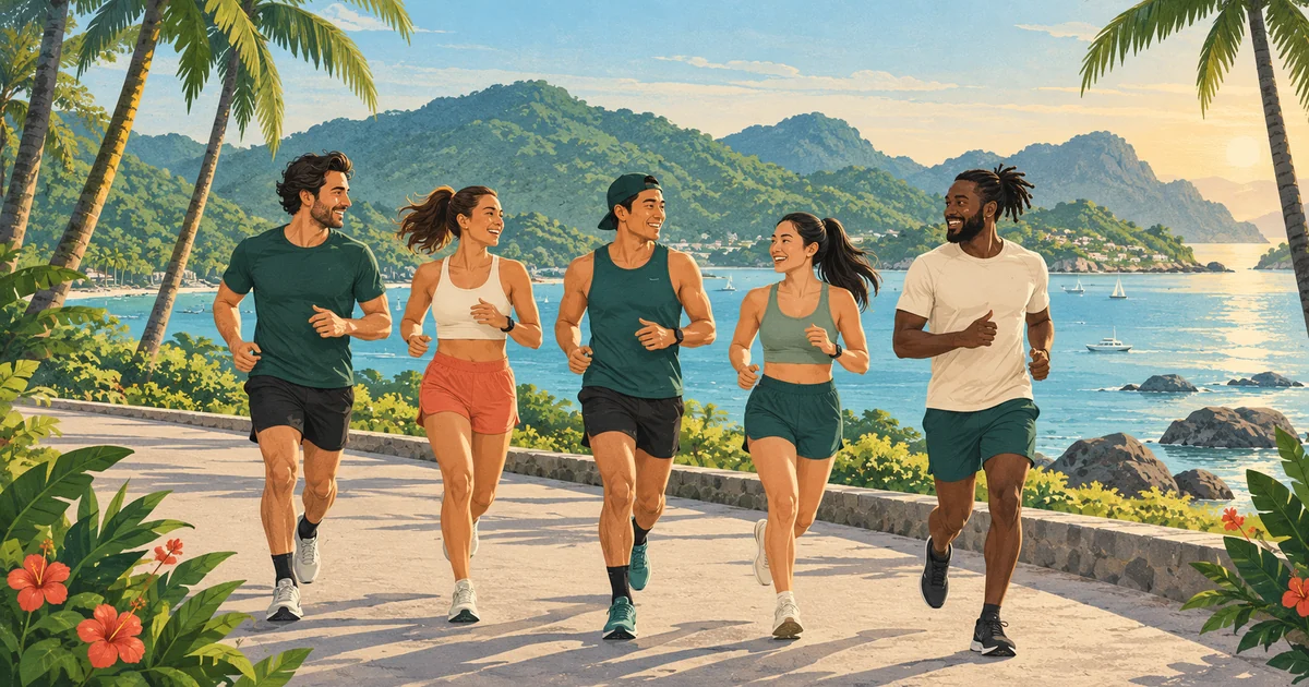 Illustration of five recreational runners jogging together beside a tropical bay