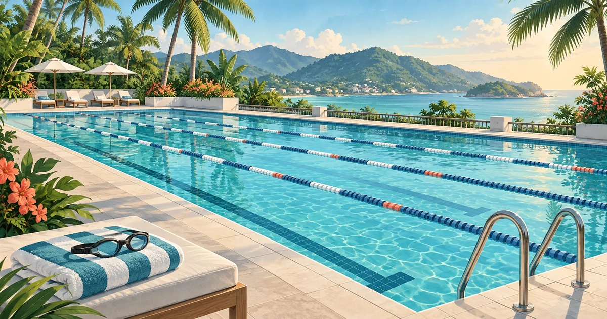 Illustrated tropical lap pool with lane ropes, a pool ladder, goggles and a towel, framed by palms and green hills