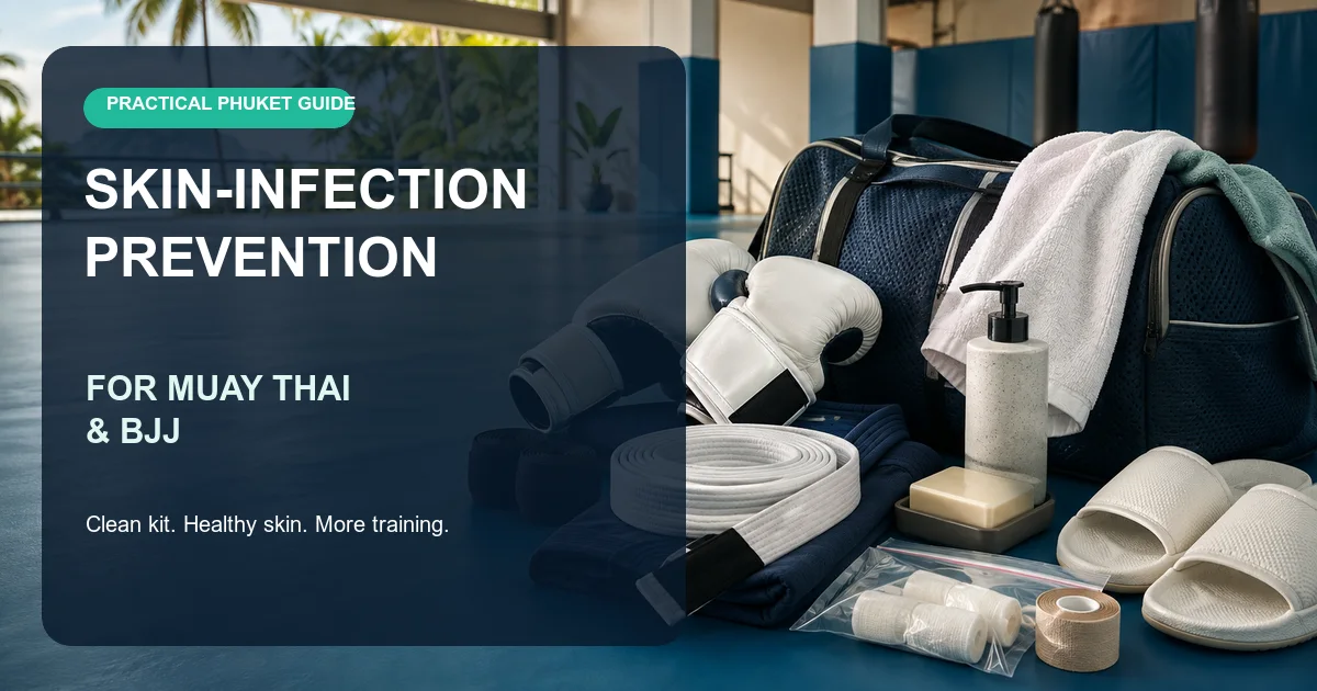 Clean Muay Thai and BJJ training gear, soap, shower sandals and bandages in a bright Phuket gym
