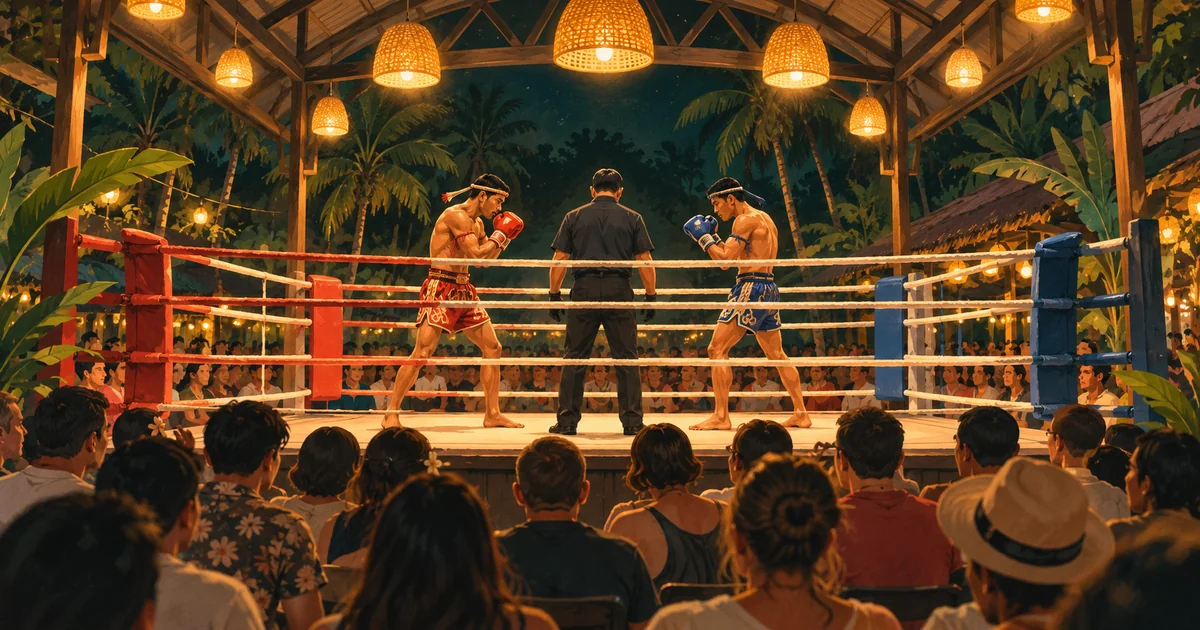 Illustration of spectators watching two Muay Thai athletes and a referee in a warmly lit boxing ring