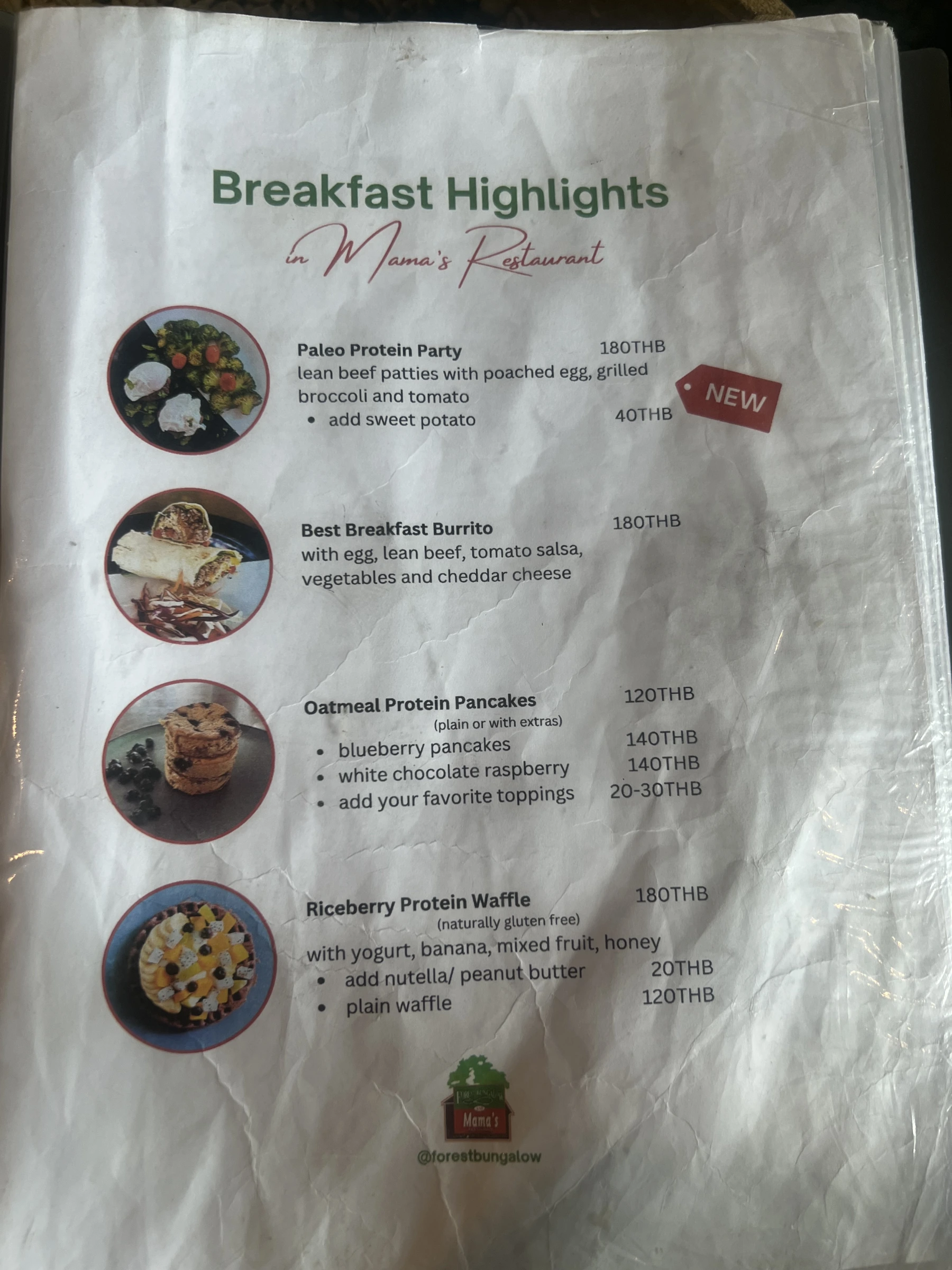 Menu and prices at Forest Bungalows & Mama’s Restaurant