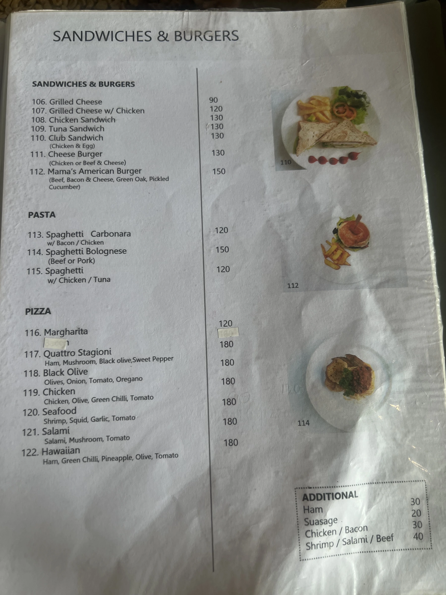 Menu and prices at Forest Bungalows & Mama’s Restaurant