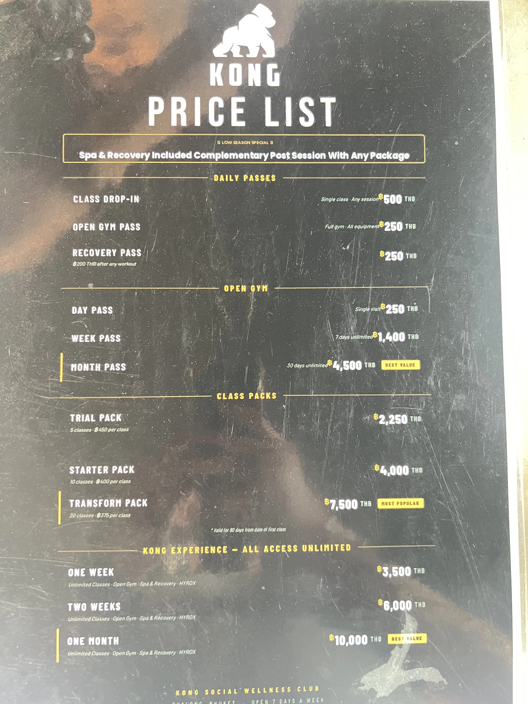 Menu and prices at KONG PHUKET STRENGTH & CONDITIONING GYM