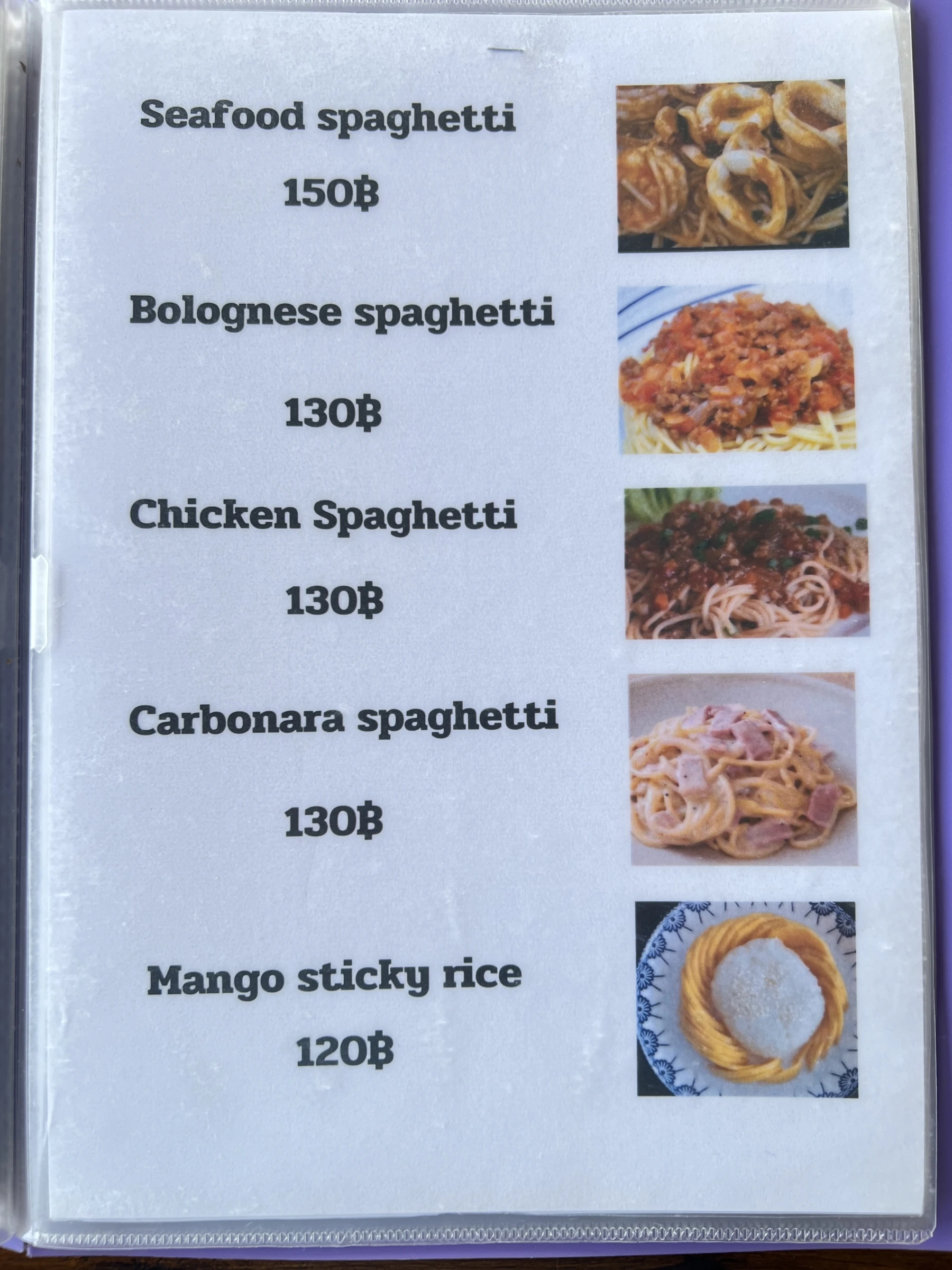 Menu and prices at Thai Thai Restaurant