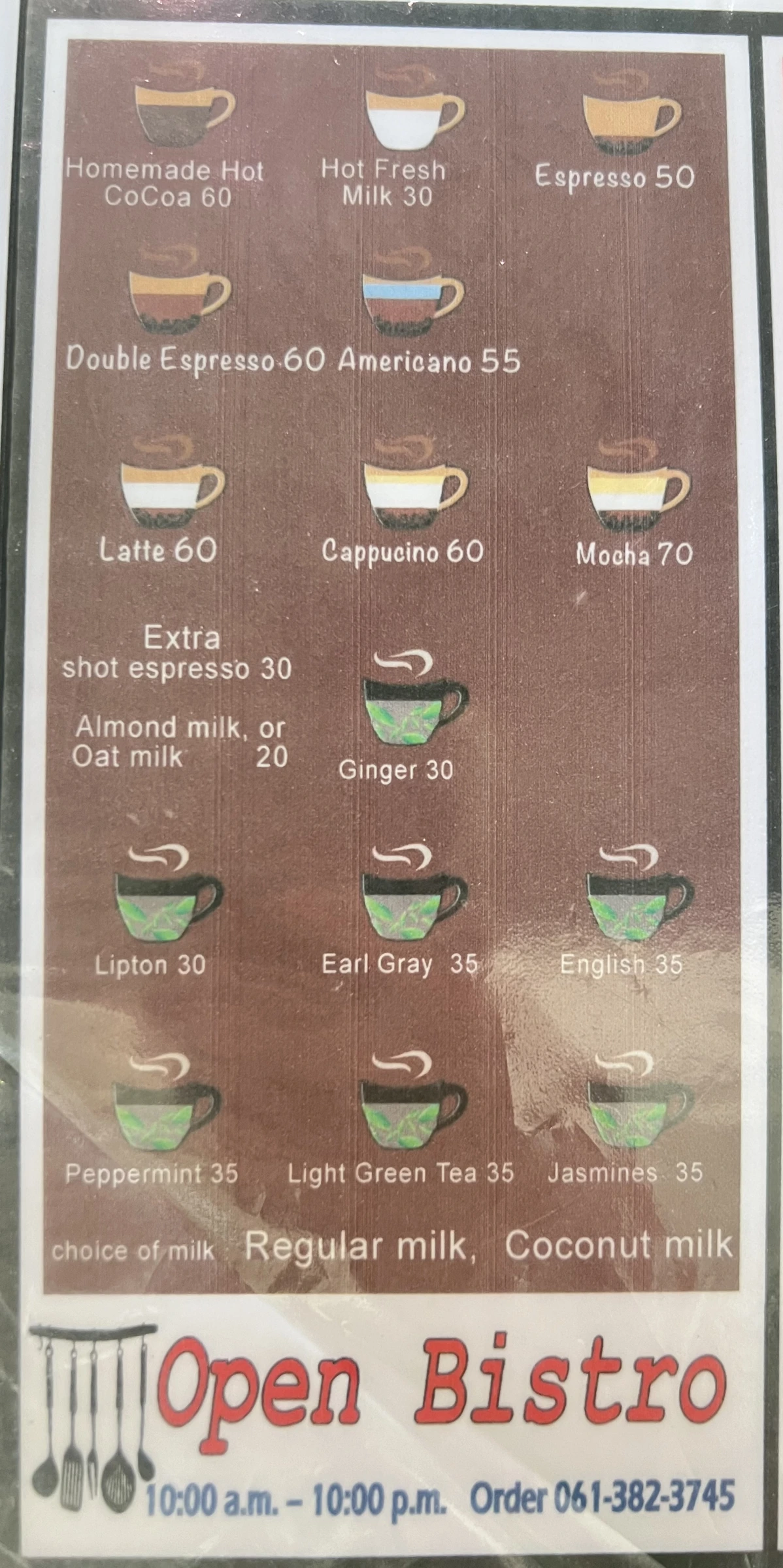 Menu and prices at Open Bistro