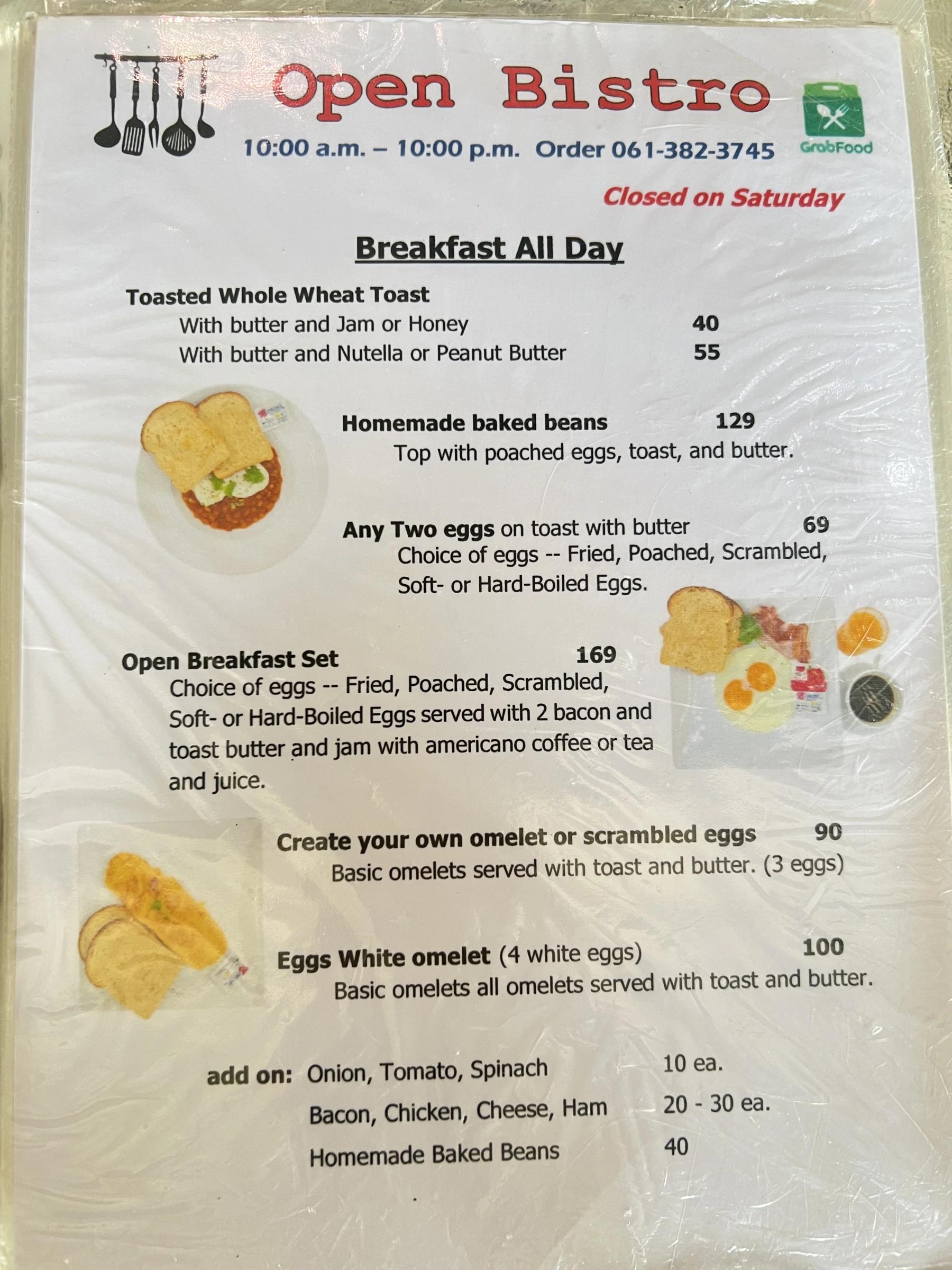Menu and prices at Open Bistro